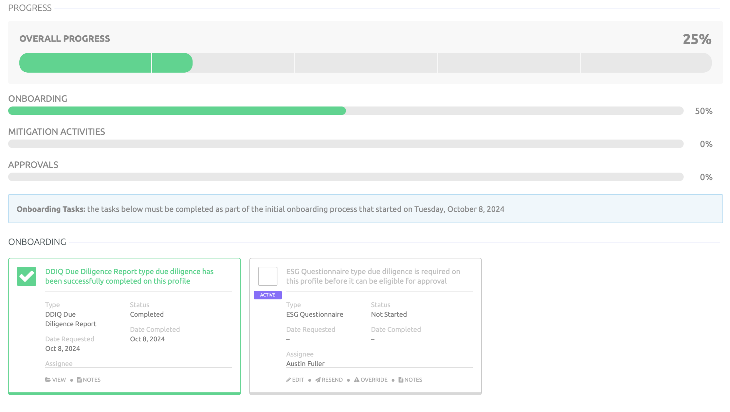 A screenshot of 1Exiger showing the progress of onboarding and vetting a new supplier. 1Exiger has customizable automated workflows to accelerate vendor onboarding and modern slavery compliance workflows.